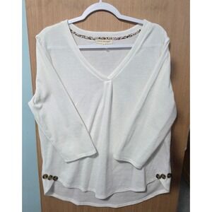 Retrology Womens Top XL White 3/4 Sleeve V‎ Neck Decorative Button Casual Blouse